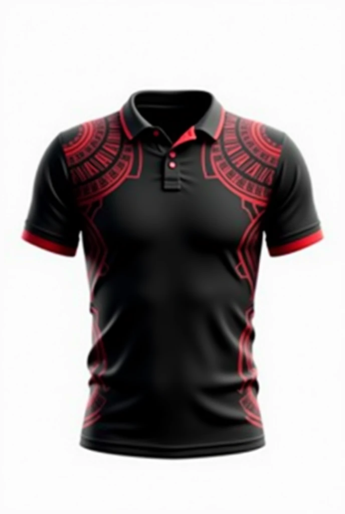 Create for me jersey on sleeve maori pattern  colour red black based white/black collar wrote lake tribe rugby white background jersey only no model clear design front view