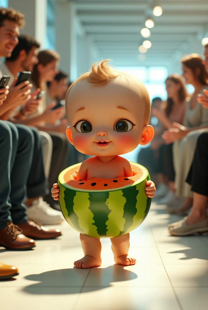 14k, full body, A walking human baby. メロンのコスチュームを着てるの赤ちゃん An audience taking photos and clapping., bright fashion showroom, seated audience, diagonal shot --v 6.1 )