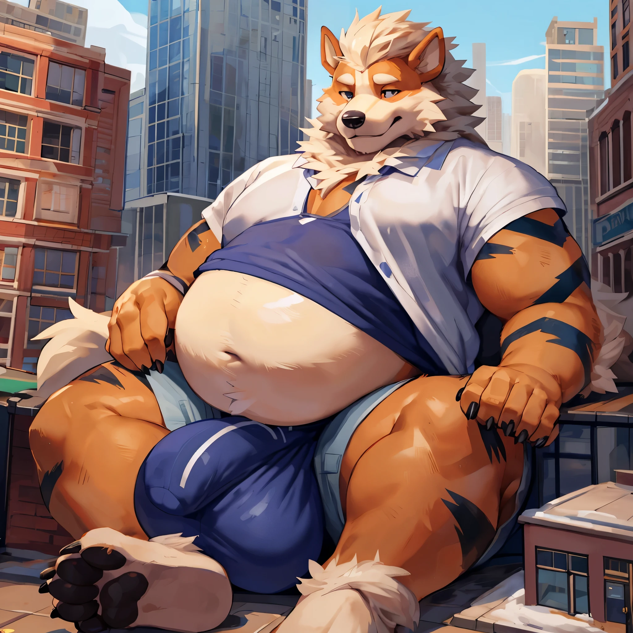 4k ultra quality, 4k half body view,ultra high detailed body,feral (arcanine),wide body,charming body,chubby body,chubby face,shiny fur, big belly, (round belly), hyper belly, enormous belly, enormous body,by mystikfox61, by glitter trap boy, by bebebebebe,by morethreedee, by seibear,(thick thigh),(chubby thigh),thicc thigh,thick legs,chubby legs,thicc legs,enomorous thigh,massive thigh,massive legs,(detailed thigh),(wide thigh),thick butt,sharp nails,(detailed face),bloated belly,enomorous thigh,detailed paws,thick paws,chubby paws,(loose shirt),feral legs,(loose shorts),tight bulge,tired,fat
,in a city,(macro),ultra bigger penis,thick penis,long penis,(detailed bulge),sitting on building, among crowd,((hyper penis, hyper balls, huge penis, huge balls, huge chode)),(embarrassed face),side view