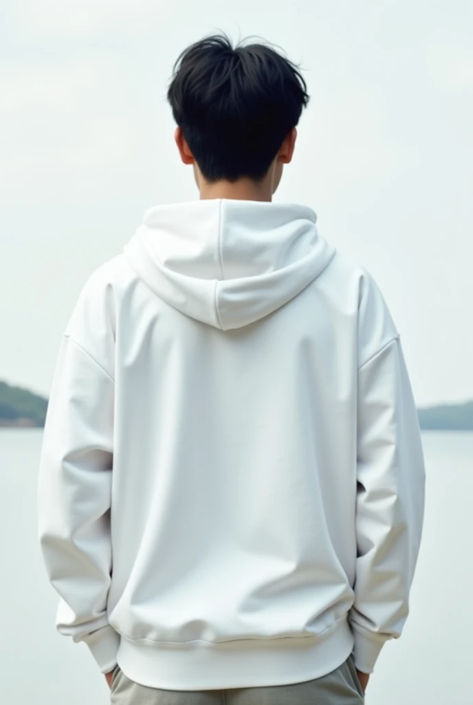 The back of a Japanese man wearing a pure white hooded sweatshirt