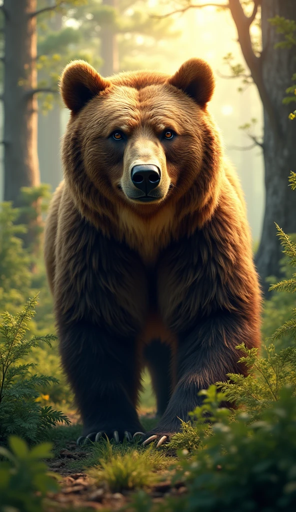 a huge brown bear, detailed fur texture, standing in a forest, looking directly at the camera, (best quality,4k,8k,highres,masterpiece:1.2),ultra-detailed,(realistic,photorealistic,photo-realistic:1.37),HDR,UHD,studio lighting,extremely detailed bear,photorealistic bear portrait,intricate details,natural environment,lush green forest,trees,bushes,sunlight filtering through leaves,depth of field,warm color tones