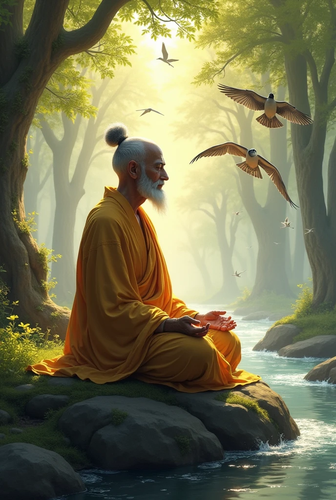 An older, wiser Indian emperor sitting cross-legged in meditation, surrounded by nature. His attire is simple, reflecting his Buddhist beliefs, and he looks peaceful and introspective. The setting is tranquil with birds, flowing water, and sunlight filtering through the trees, symbolizing serenity and enlightenment