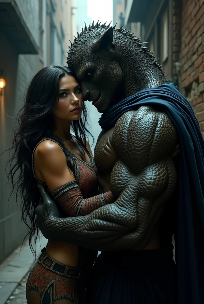 Female werewolf with black and brown fur,green-eyed wearing a navy blue cape , is hugging a strong green reptilian male , wearing black cloak. dark alley 
