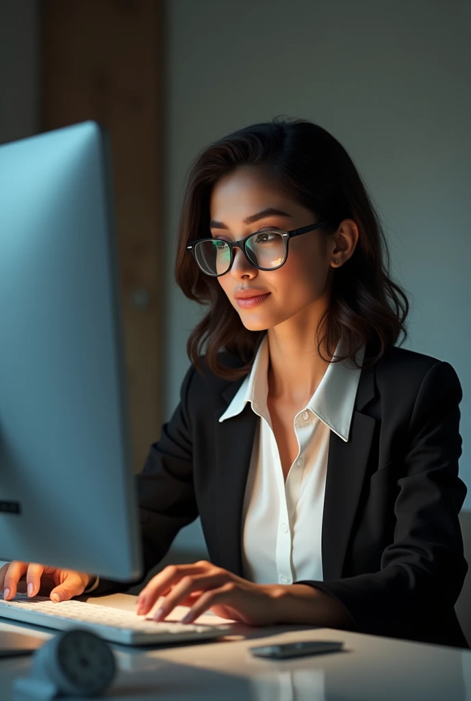 Creating the image of a Brazilian woman with glasses, white blouse and black blazer, analyzing in front of a computer shopping online and happy