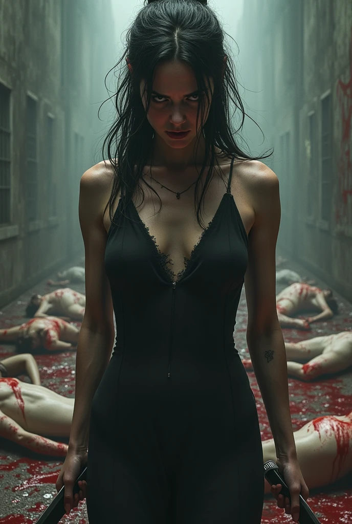 ((huge female prison in background)), posing photo of a powerful, muscular, fair-skinned girl covered in blood, (((intense eyes))), determined, messy hair, glistening, dripping with blood, wearing torn clothes, (masterpiece) (best quality) (detailed) (8k) (HDR) (wallpaper) (cinematic lighting) (sharp focus) (intricate).