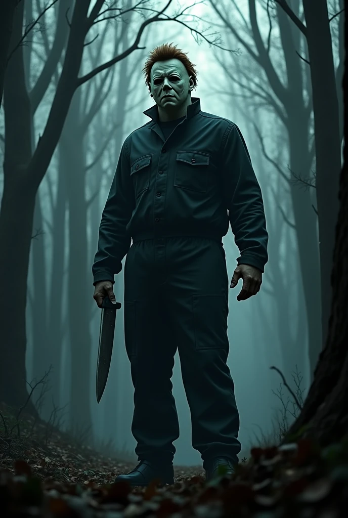 Create an image of michael myers in a forest with his knife 