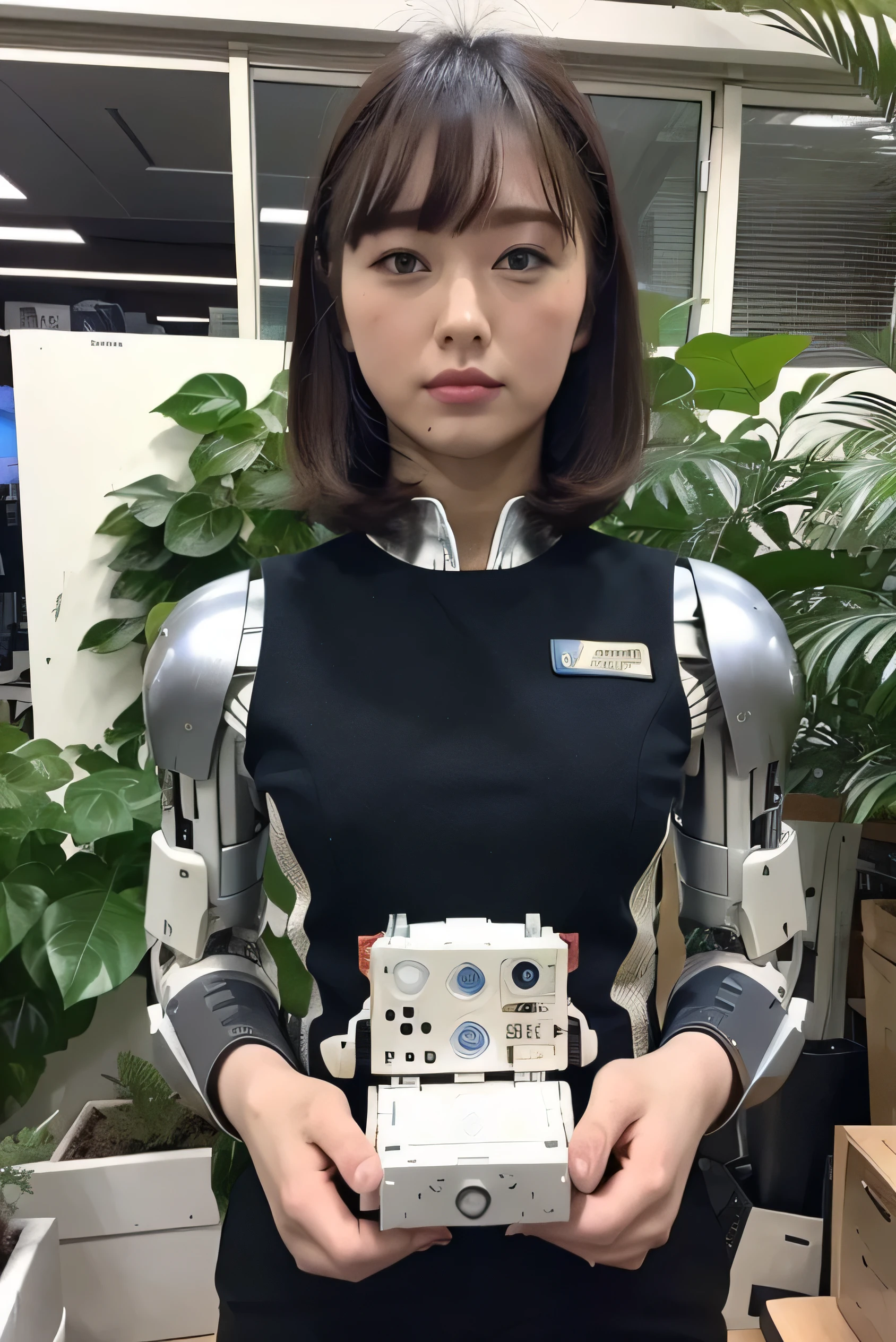 masterpiece, best quality, extremely detailed,portrait, Japanese android girl,Plump ,control panels,robot arms,robot,android,cyborg,robot body,blunt bangs,robot repair plant,black skinny pants,boots,blue eyes, office-lady
