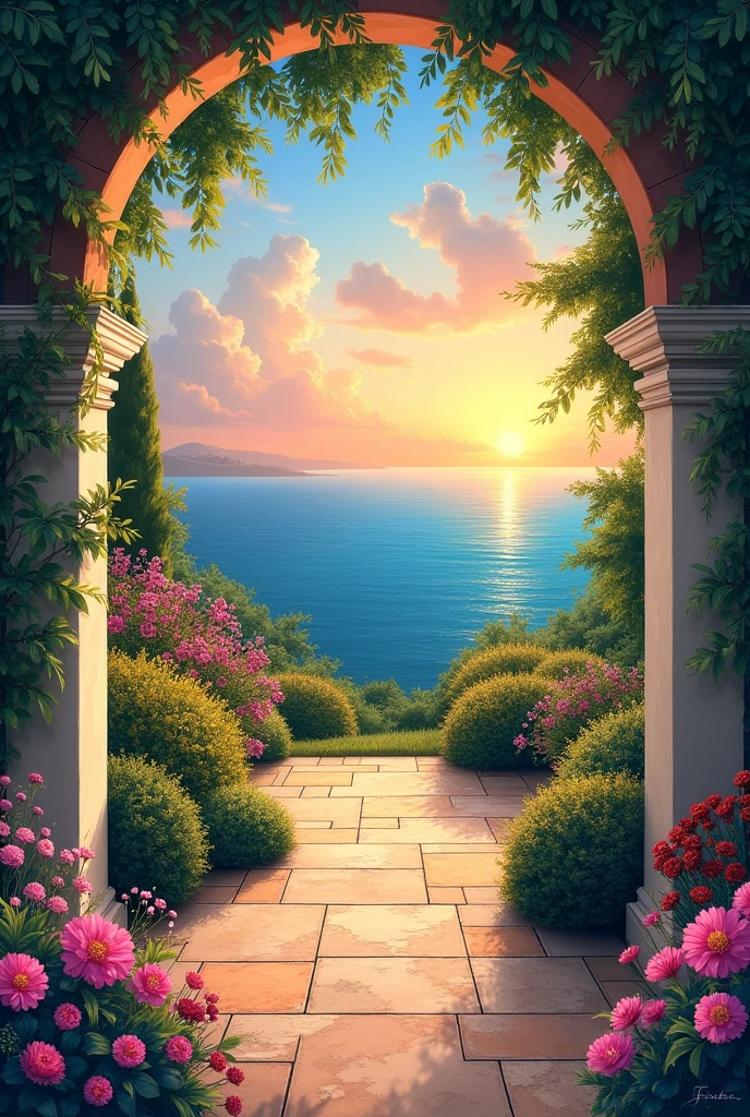 a beautiful painting, roman art style, easy to draw, easy to paint, very nice color harmony, without people, just a garden, outdoor scenery, like sunsets, ocean views, very very very easy to paint