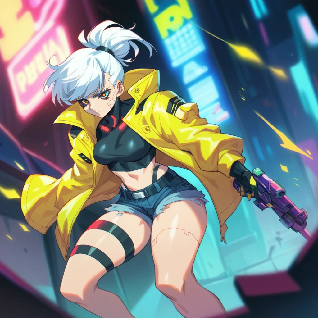 Cyberpunk woman in a yellow rubber jacket and denim shorts, He has white hair that is short and down to his shoulders., She is in a neon futuristic city, use a weapon, a vintage 1972