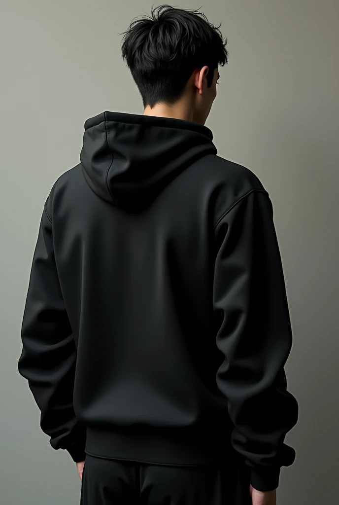 The back of a Japanese man wearing a pure black hooded sweatshirt