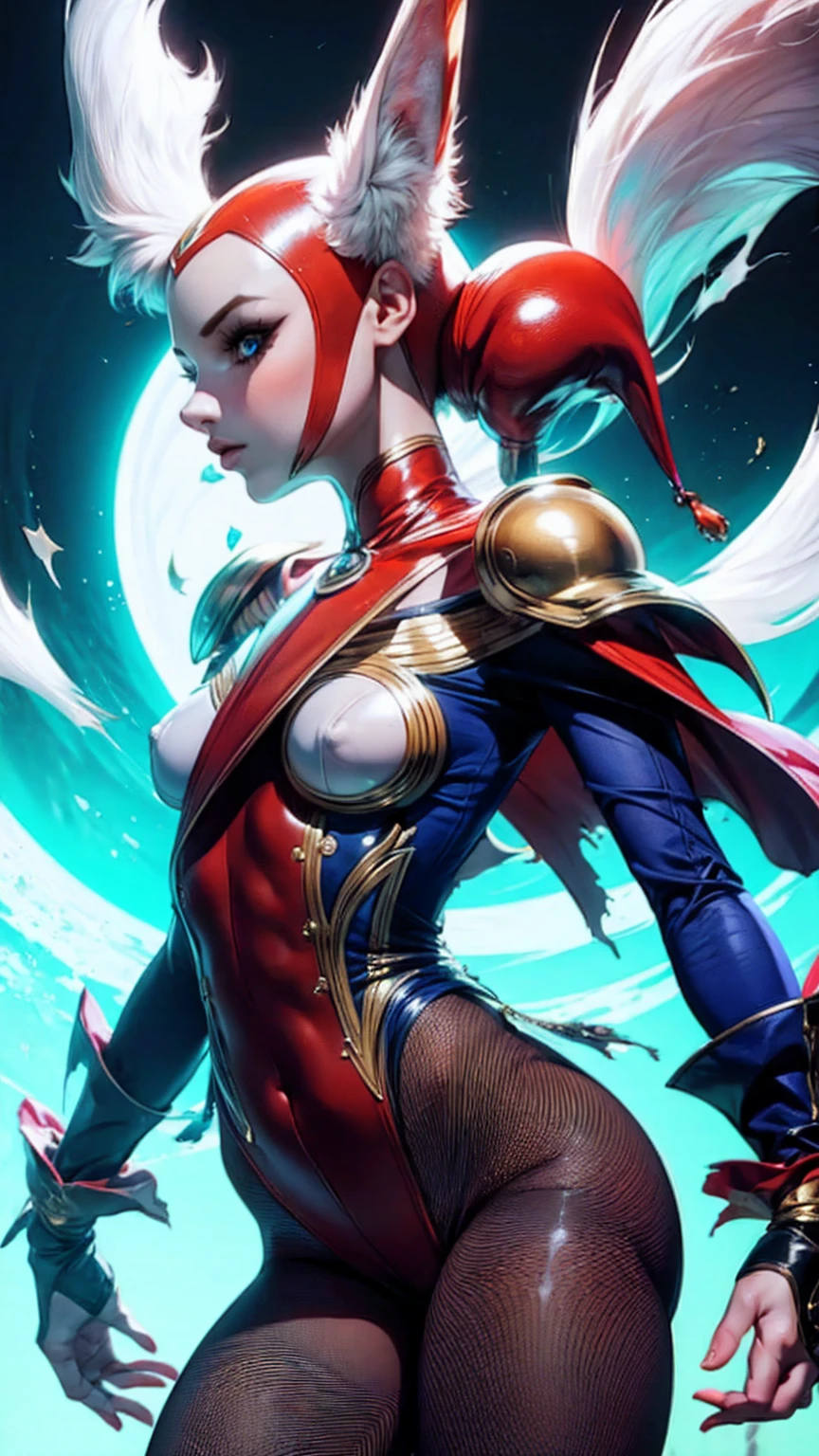 Harle (Chrono Cross), adult woman, slender acrobatic build, (small bust), torn harlequin outfit, torn_high_cut_unitard, torn lacy leggings, torn clothes, fighting poses, full length portrait, (wide angle:1.32), dramatic lighting, cinematic composition, color harmony, ultra-detailed 90s anime style, hyper-detailed, detailed face, beautiful eyes, dimensional vortex in background, 8k, masterpiece, intricate clothing details, strong_negative