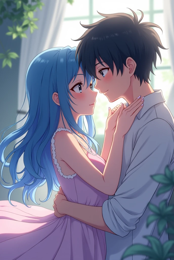 Image of anime girl with blue hair having intimacy with anime boy with black hair.