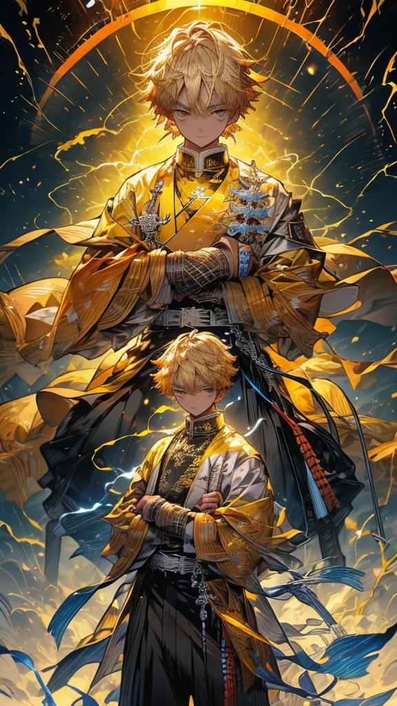 Zenitsu Agatsuma, a character from the Demon Slayer series, poised to draw his katana, a look of intense concentration in his eyes, gazing forward with nervous anticipation, slightly leaning forward, dressed in vibrant electric yellow attire, the atmosphere charged with lightning, ถือดาบ