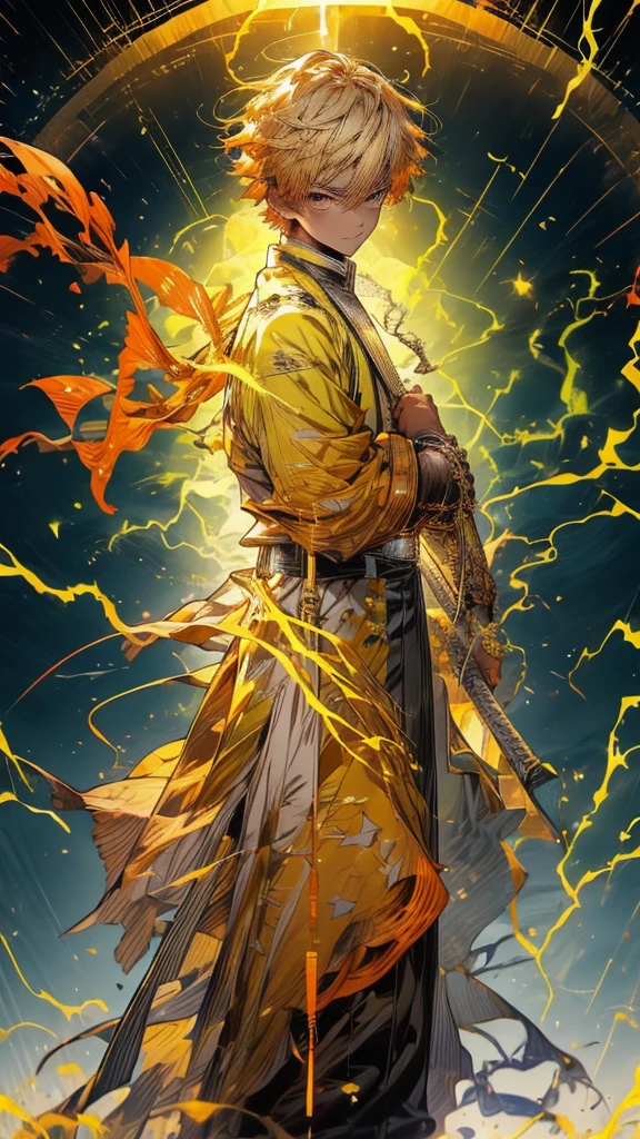 Zenitsu Agatsuma, a character from the Demon Slayer series, poised to draw his katana, a look of intense concentration in his eyes, gazing forward with nervous anticipation, slightly leaning forward, dressed in vibrant electric yellow attire, the atmosphere charged with lightning, ถือดาบ