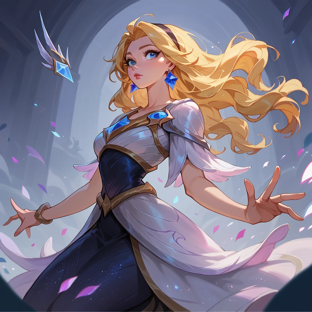 score_9, score_8_up, score_7_up, lux (league of legends), 1girl, blue eyes, sexy, full body, squinty eyes, earrings, wavy yellow hair, black headband, long eyelashes, glitter dress, big bust