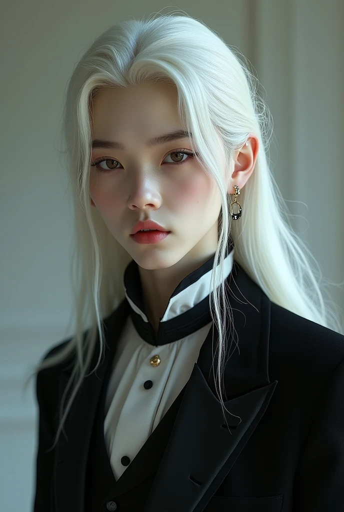 A beautiful young pale Asian vampire showing his vampire teeth, with soft, effeminate facial features, with long natural white hair, imposing expression wearing a 19th century formal suit