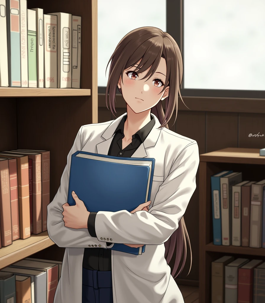 anime character holding a folder in a library with books with a lab coat, 1girl, solo, long hair, blush, brown hair, shirt, long sleeves, holding, brown eyes, closed mouth, ponytail, indoors, book, black shirt, window, labcoat, white coat, bookshelf, hair pulled back, anime style, from girls frontline, fine details. girls frontline, girls frontline universe, girls frontline style, girls frontline, girls frontline cg, soft anime illustration, 2 0 2 2 anime style, 2022 anime style, pixiv contest winner, pretty anime character design, render of april