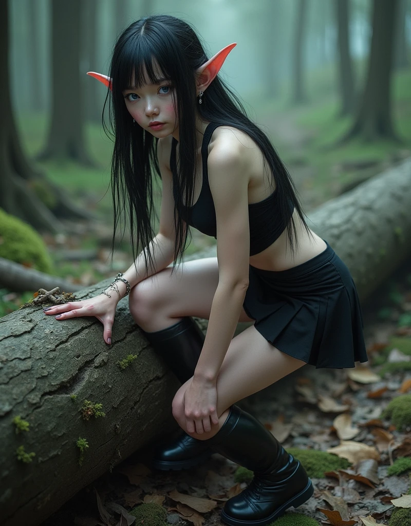 A (((full-body))), ultra-detailed, ((hyper-realistic)), ((masterpiece)) fantasy art ((painting)), in the style of Dungeons and Dragons, of an ethereally beautiful age elf woman. She has exquisite caucasian features and ((very pale milk-white skin)). Her large eyes are a striking blue, her flowing hair is raven black, and she is wearing ((heavy black eye shadow)). She has a very slim ((petite body)) with long (((thin legs))). Her ((massive breasts)) look far too large for her skinny body. She is wearing a tight crop top, an extremely short miniskirt, and black boots. She is bent over a huge fallen log in a pose that shows off her legs from behind, and her (((whole body from head to toe))) is shown in the photo. The lighting is dramatic and cinematic, and her ((skin is shiny with sweat)).