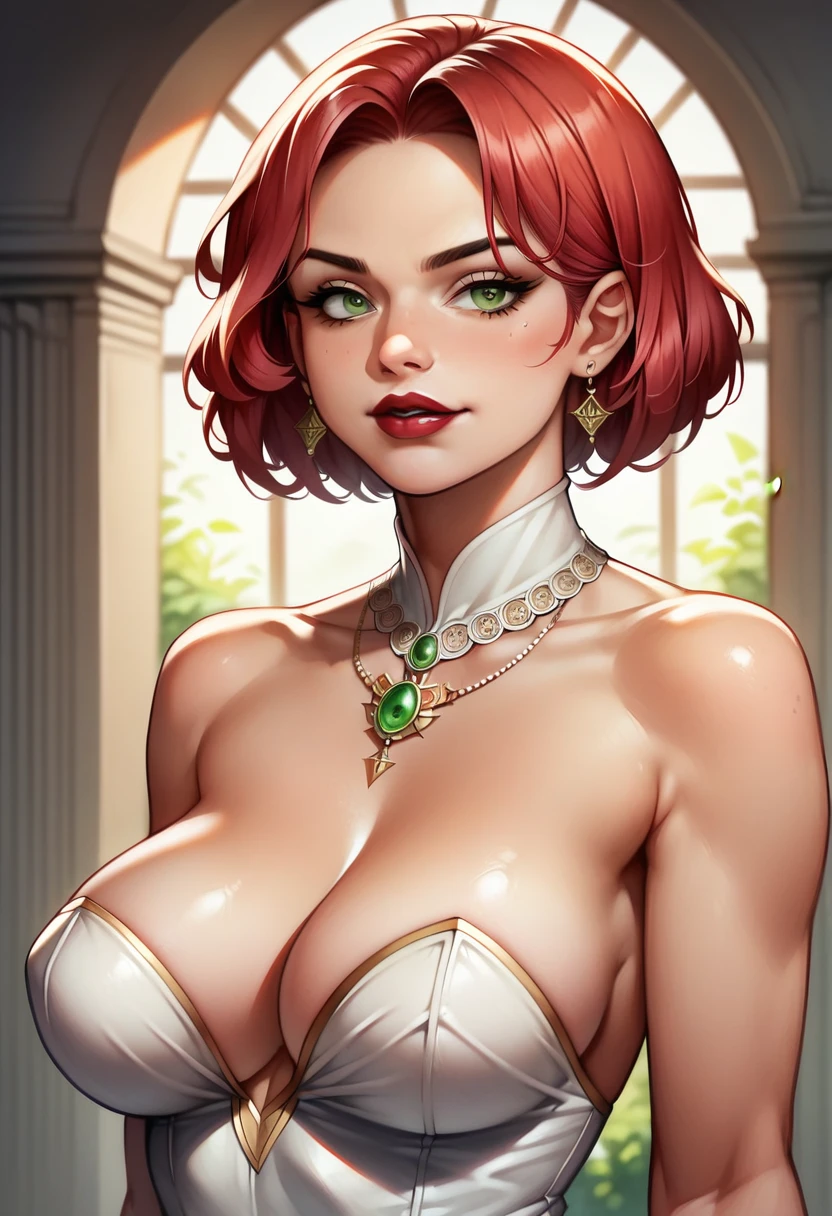 (high-level image quality), (high quality), (high resolution), (detailed), (masterpiece), beautiful woman, ((caucasian)), green eyes, red hair, short hair, dark red lipstick, perfect eyes, Detailed face, mafia dress, busty, confident, portrait