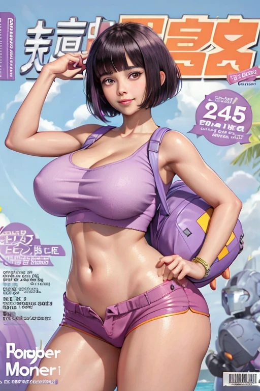 Magazine cover, Dora, sexy pose, big breasts, curvy, smile, bob haircut, purple crop top, orange mini shorts, purple backpack
