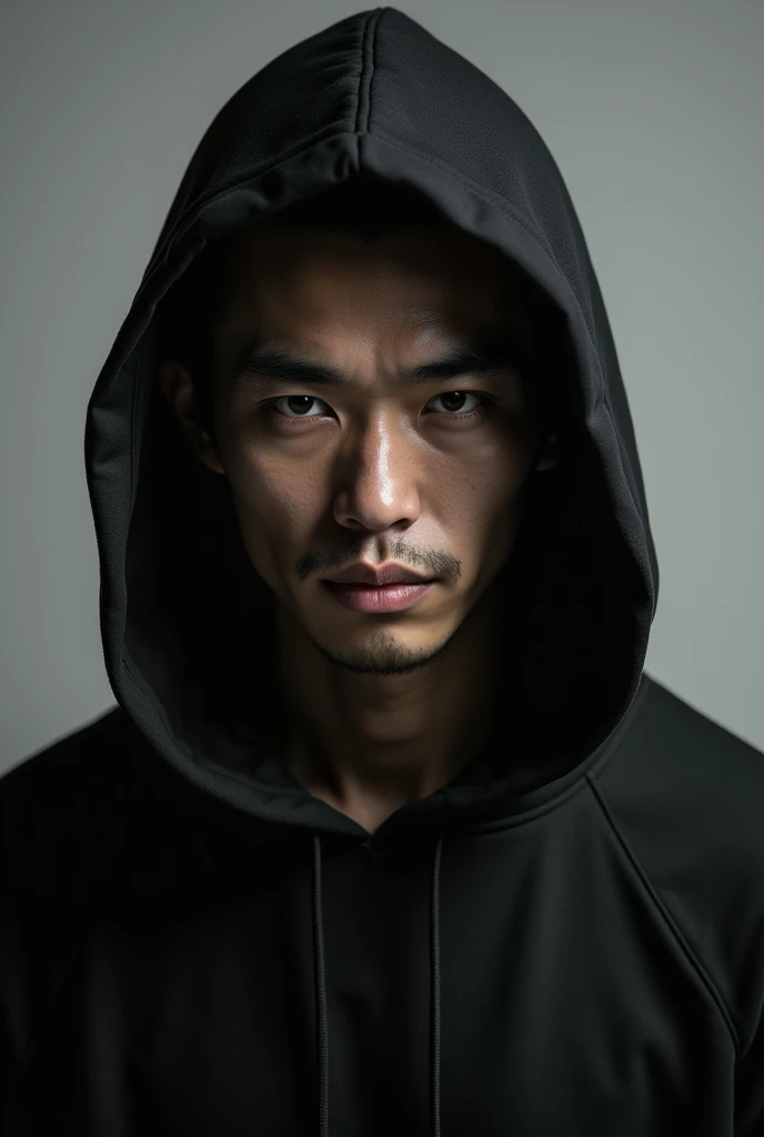 Japanese man wearing a pure black hooded sweatshirt