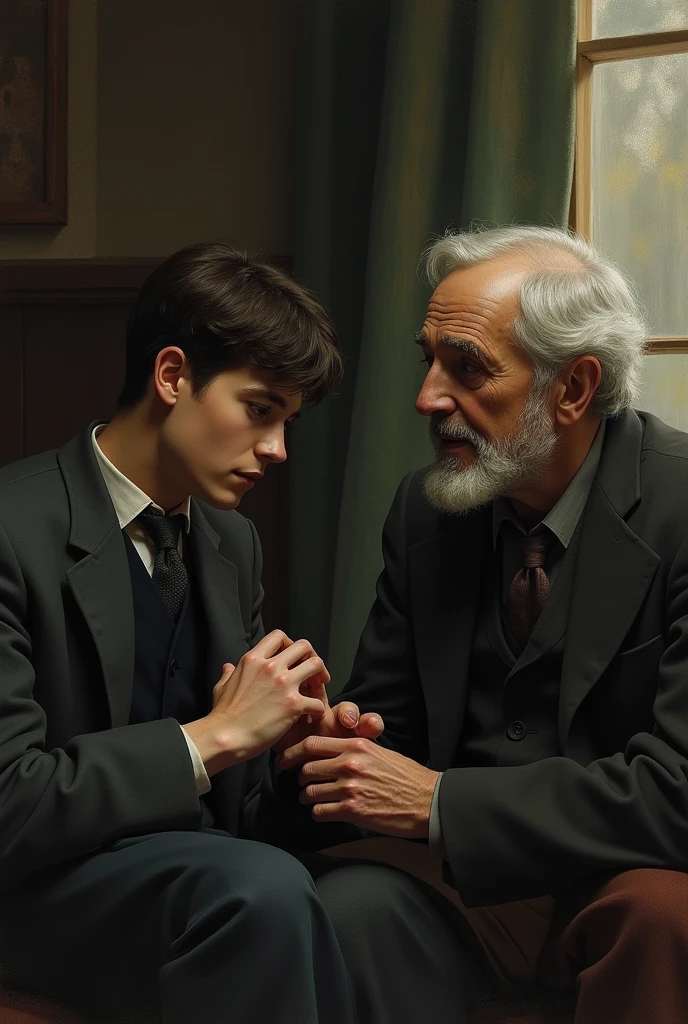 Sad young man talking to older friend 1900