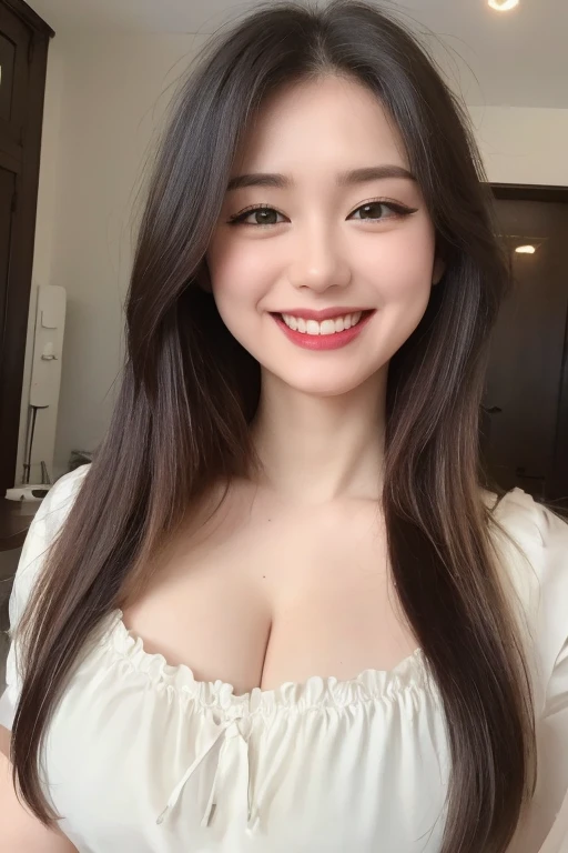 ((Top Quality, 8K, Masterpiece:1.3)), Detailed Woman:1.3,grin smile,(Medium long hair, gigantic Breasts:1.2), Camisole:1.1, Ultra Detailed, Detailed, Eyelids