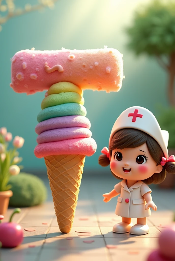 Create a letter T on a multi-colored ice cream cone, no pink, with a cute doll wearing a nurse&#39;s hat, with a natural hospital background.