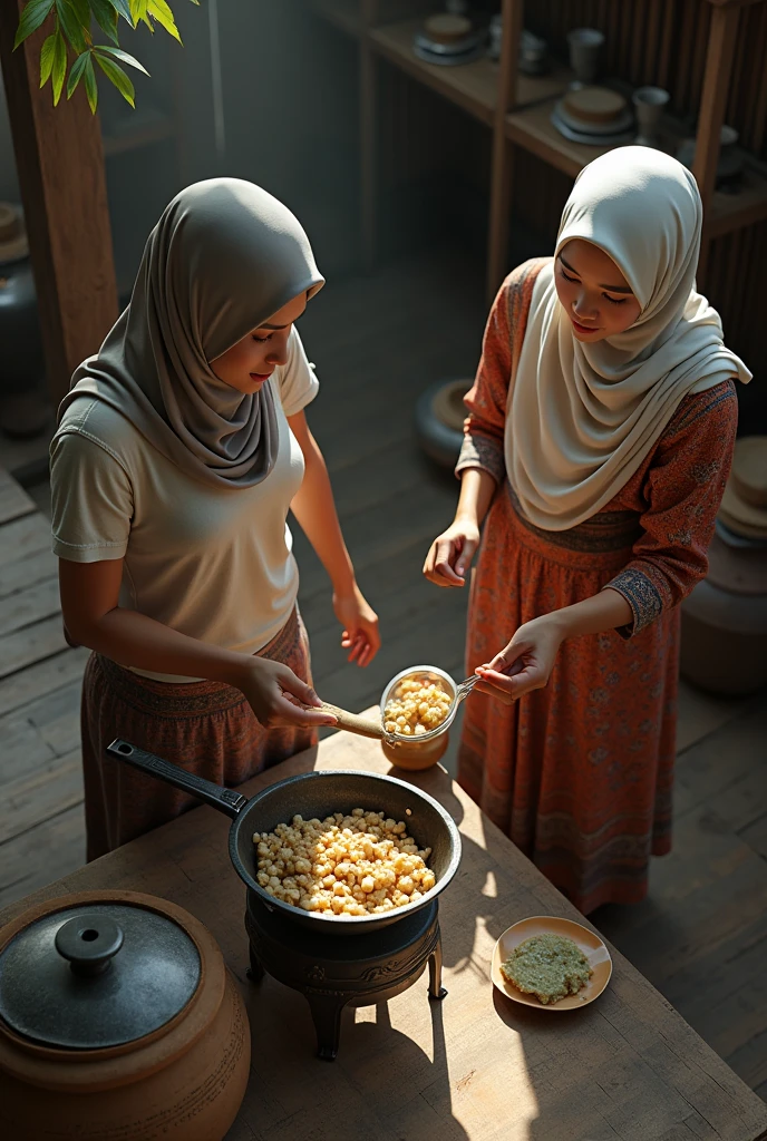 (photorealism:1.2), a top view of two malay hijab beauty girl,, wear a shabby t-shirt and a batik sarong, sitting on a wooden floor in a traditional kitchen, a girl is pouring a meal into a wok and her friend is pick up a plate of meal, old urn, top aerial angle, in a morning sunshine,