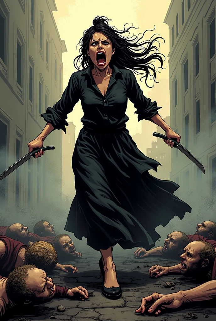 Woman with long tied hair in black clothes and knives, crying out of pure rage and hatred around several dead human bodies webtoon