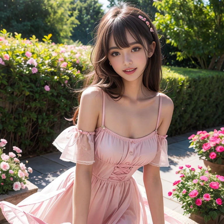 laughing out loud,travel scenery photos,outdoors,Put on a fluffy dress,mesh dress,puffy dress,肩上有Puff sleeves,Puff sleeves,公主Puff sleeves,Puff sleeves蓋住肩膀,Puff sleeves cover shoulders,Short sleeve,A-line dress,T, Fluffy and lightweight dress,(The dress is made of mesh), There are pink ribbon bows on both sides of the collarbone.,High hem A-line skirt,1 female, On the face, light brown hair, blunt bangs, hair behind ears, Shoulder length hair, long hair, Slender body type, 超face slimming型, face slimming, delicate lips, beautiful eyes, Thin blush, Eyes are light brown,Check it out here, (actual:1.3), One person's perspective, 8k, Super detailed, high quality, best quality, High resolution,2,above knee shot,Breast protrusion,plump breasts, Breasts in clothes,Clothing covers the breasts
