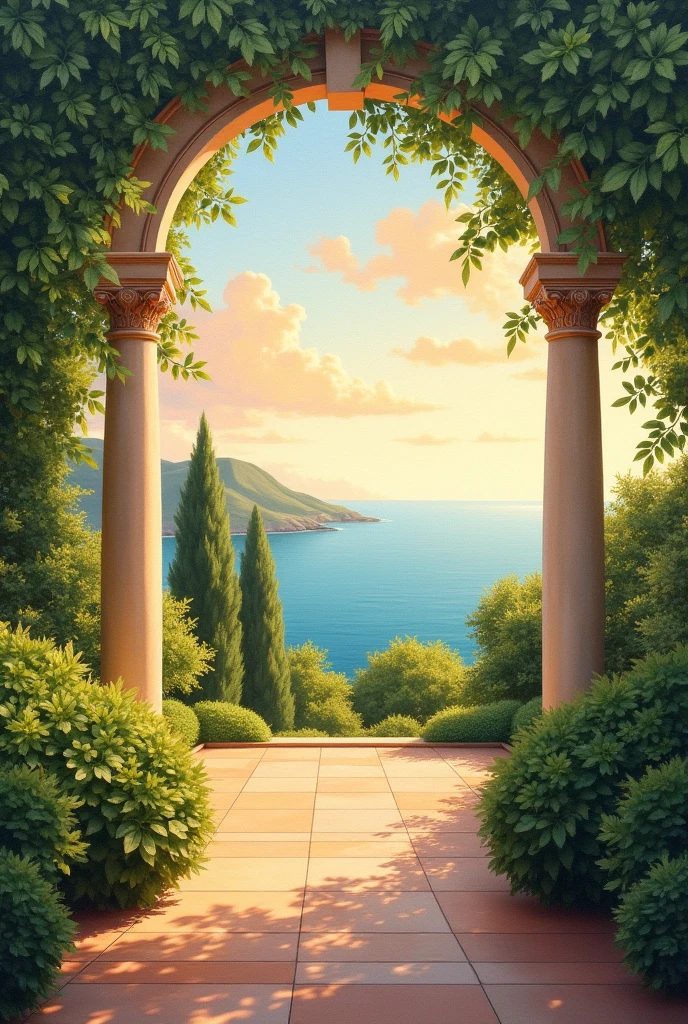 a beautiful painting, roman art style, easy to draw, easy to paint, very nice color harmony, without people, just a garden, outdoor scenery, like sunsets, ocean views, very very very easy to paint, not too complex leaves