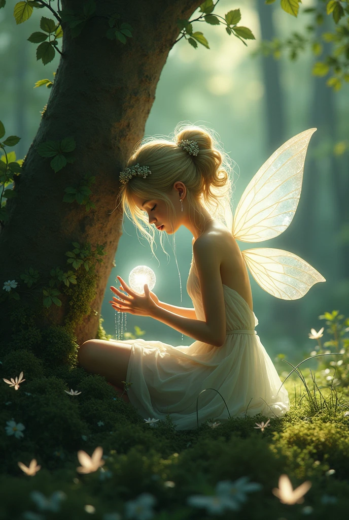 a forest fairy with translucent wings and a glow around her body, holding a sparkling stone and tears on her face, in a small clearing sitting at the foot of a tree