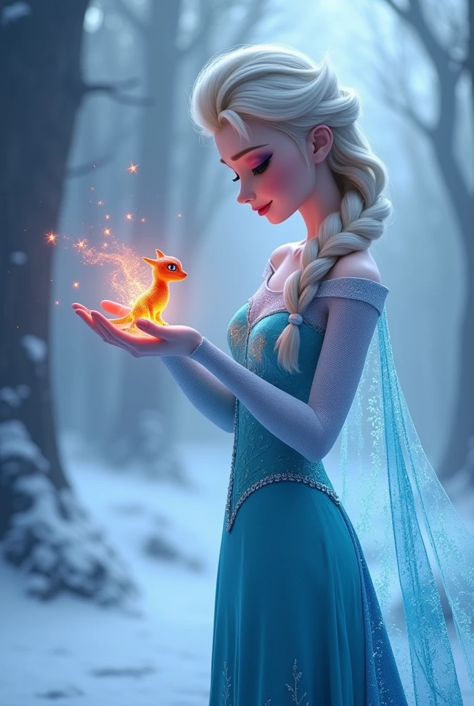 Elsa holding Bruni in her hand (of ice) with transparent background