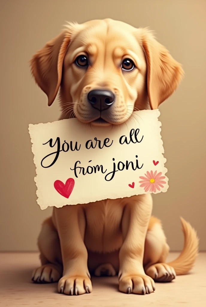 Make a dog sitting with a letter in its mouth that says "You are all from Joni" in Spanish and a painted heart