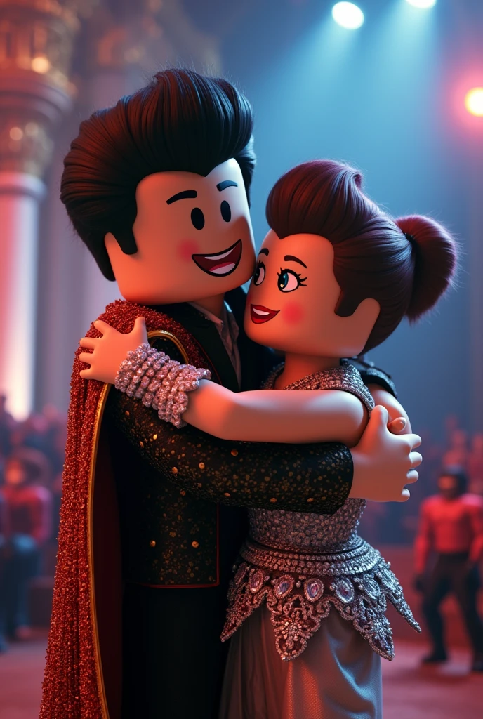 Take a photo of pianist Liberace hugging a Roblox character 