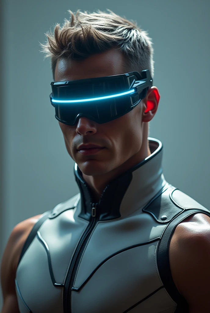 Visor with a horizontal glow line in the center、male、muscle。