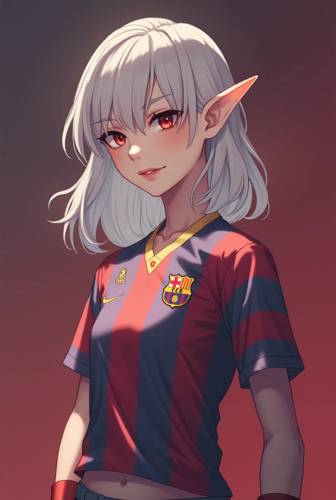 (best qualityer, work of art),sexually,  erotic, 18+, NSFW, 1 girl, 1 , dressed as the Barcelona shirt, elf ear 