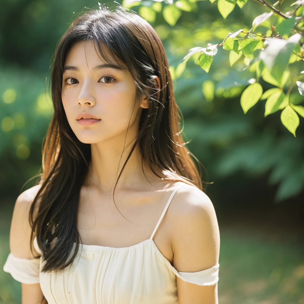 A hyper-realistic close-up image of a single Japanese woman in her early 20s, captured with the nostalgic warmth and subtle graininess of a film camera, focusing on her face and shoulders. Her skin has a warm beige tone with a natural, slightly rough texture that includes visible pores, fine lines, and subtle imperfections such as small blemishes, adding to the authenticity of her appearance. The soft, diffused natural light typical of a sunny summer day casts gentle, warm shadows on her face, enhancing the film-like quality while maintaining the realistic texture of her skin. Her straight, glossy black hair is slightly tousled by a gentle summer breeze, framing her face naturally. She is wearing a light, summery outfit, perhaps with straps visible at the shoulders, that complements her natural beauty and suits the warm weather. The film camera effect introduces a slight grain and a softer focus, giving the image a warm, nostalgic atmosphere while preserving the realism of her skin and features. The overall composition captures the serene and effortless elegance of a summer day, with the focus on the realistic texture of her skin and the timeless quality of the film camera aesthetic.