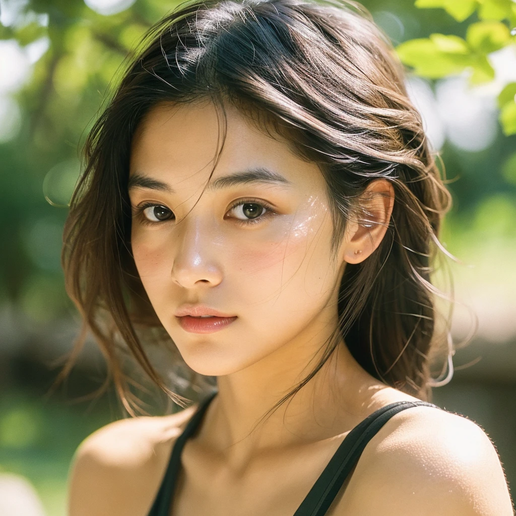 A hyper-realistic close-up image of a single Japanese woman in her early 20s, captured with the nostalgic warmth and subtle graininess of a film camera, focusing on her face and shoulders. Her skin has a warm beige tone with a natural, slightly rough texture that includes visible pores, fine lines, and subtle imperfections such as small blemishes, adding to the authenticity of her appearance. The soft, diffused natural light typical of a sunny summer day casts gentle, warm shadows on her face, enhancing the film-like quality while maintaining the realistic texture of her skin. Her straight, glossy black hair is slightly tousled by a gentle summer breeze, framing her face naturally. She is wearing a light, summery outfit, perhaps with straps visible at the shoulders, that complements her natural beauty and suits the warm weather. The film camera effect introduces a slight grain and a softer focus, giving the image a warm, nostalgic atmosphere while preserving the realism of her skin and features. The overall composition captures the serene and effortless elegance of a summer day, with the focus on the realistic texture of her skin and the timeless quality of the film camera aesthetic.