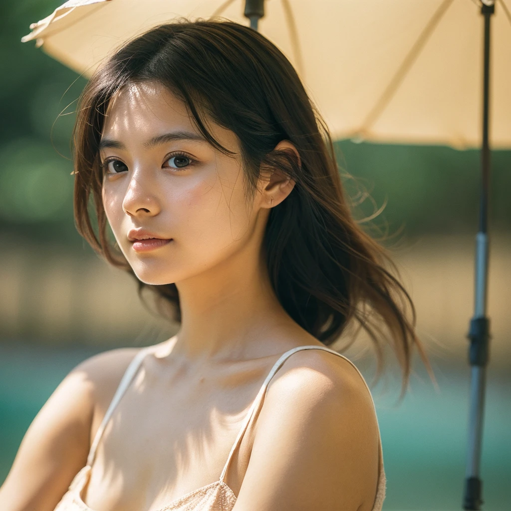 A hyper-realistic close-up image of a single Japanese woman in her early 20s, captured with the nostalgic warmth and subtle graininess of a film camera, focusing on her face and shoulders. Her skin has a warm beige tone with a natural, slightly rough texture that includes visible pores, fine lines, and subtle imperfections such as small blemishes, adding to the authenticity of her appearance. The soft, diffused natural light typical of a sunny summer day casts gentle, warm shadows on her face, enhancing the film-like quality while maintaining the realistic texture of her skin. Her straight, glossy black hair is slightly tousled by a gentle summer breeze, framing her face naturally. She is wearing a light, summery outfit, perhaps with straps visible at the shoulders, that complements her natural beauty and suits the warm weather. The film camera effect introduces a slight grain and a softer focus, giving the image a warm, nostalgic atmosphere while preserving the realism of her skin and features. The overall composition captures the serene and effortless elegance of a summer day, with the focus on the realistic texture of her skin and the timeless quality of the film camera aesthetic.