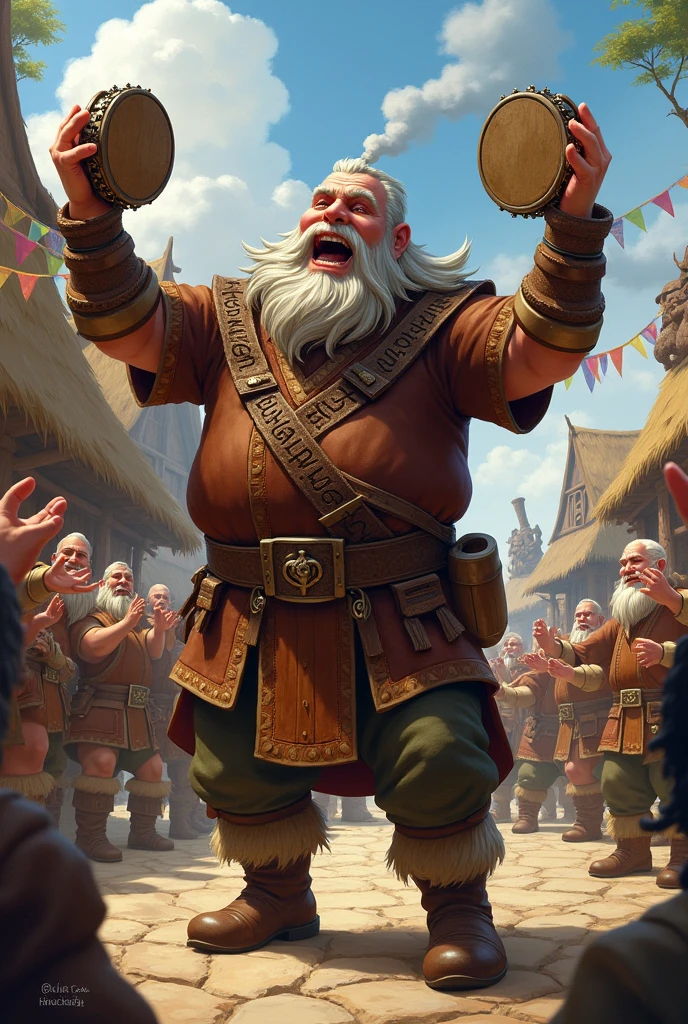 Create a Norse dwarf bard with a tambourine and drums partying in your hut village