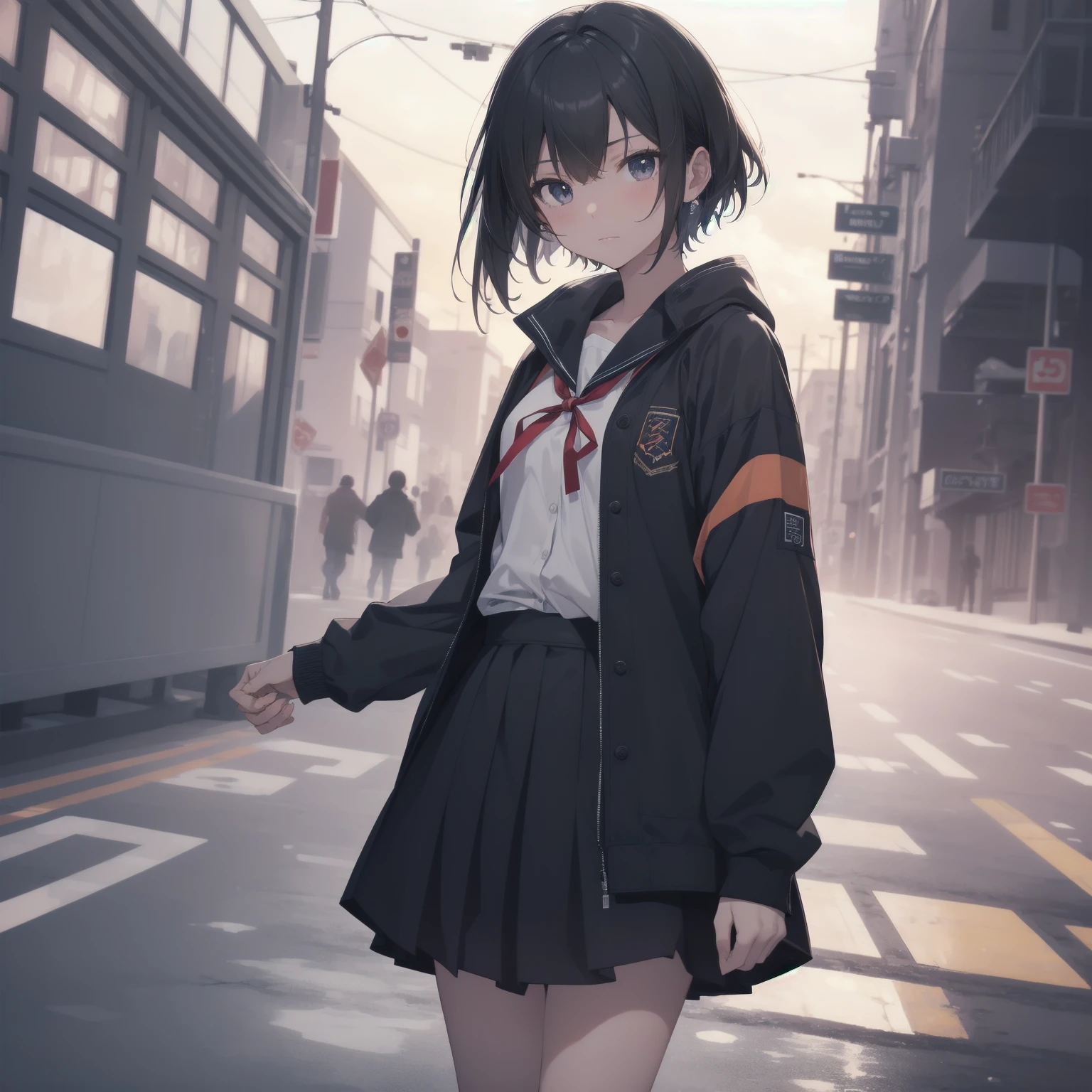 ultra-absurdres-Top quality by artist God, ultra-detailed, high resolution, anime moe artstyle, best anime 8k konachan wallpaper, pixiv contest winner, pool:2810, perfect anatomy,break, 1girl, (Please draw a girl walking sleepily to school alone. )break,(Solo,little female,15age:1.3),Full limbs, complete fingers,a junior high school student, (very short hair), short cut, flat chest, , small butt, small black eyes, beautiful detailed eyes, well-proportioned iris and pupils, expressive eyes, highres detailed hair, soft expression, salor school_uniform, sailor collar, serahuku, bow, pleated skirt,(Detailed Lighting), (Detailed background), in the School commute route. break,super detailed skin, Best cinematic lighting powered by famous artist, 8k,beauty illustration,photoshop_(medium),very aesthetic,break,((artist:echo_(circa) )), artist:clamp ,artist:carnelian ,artist:kantoku ,