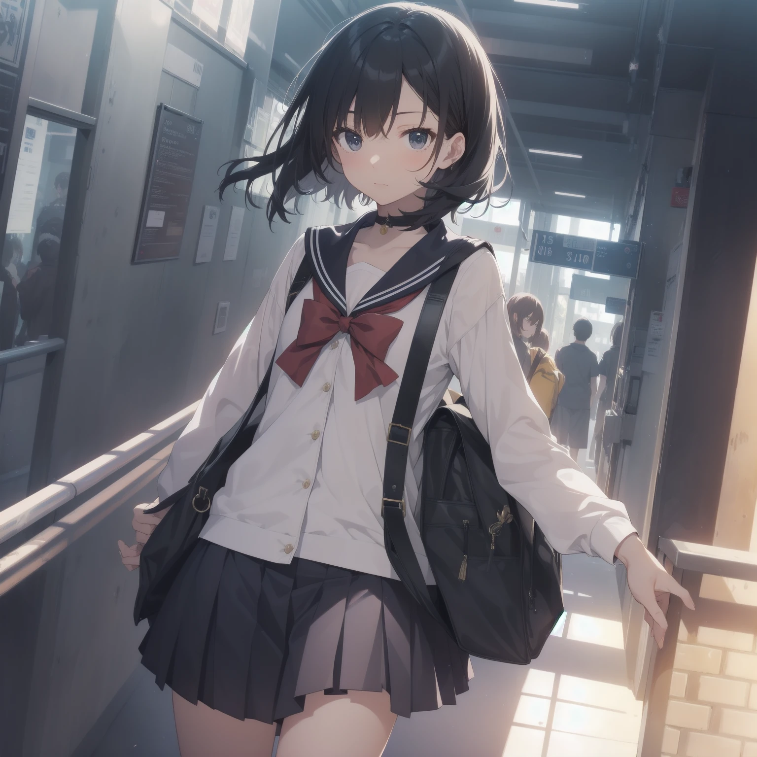 ultra-absurdres-Top quality by artist God, ultra-detailed, high resolution, anime moe artstyle, best anime 8k konachan wallpaper, pixiv contest winner, pool:2810, perfect anatomy,break, 1girl, (Please draw a girl walking sleepily to school alone. )break,(Solo,little female,15age:1.3),Full limbs, complete fingers,a junior high school student, (very short hair), short cut, flat chest, , small butt, small black eyes, beautiful detailed eyes, well-proportioned iris and pupils, expressive eyes, highres detailed hair, soft expression, salor school_uniform, sailor collar, serahuku, bow, pleated skirt,(Detailed Lighting), (Detailed background), in the School commute route. break,super detailed skin, Best cinematic lighting powered by famous artist, 8k,beauty illustration,photoshop_(medium),very aesthetic,break,((artist:echo_(circa) )), artist:clamp ,artist:carnelian ,artist:kantoku ,