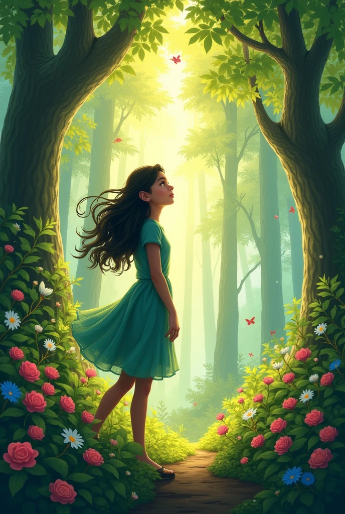 
Ananya in the Forest:  enchanting forest filled with towering trees, vibrant flowers, and sunlight filtering through the leaves. She looks amazed by the natural beauty around her."
