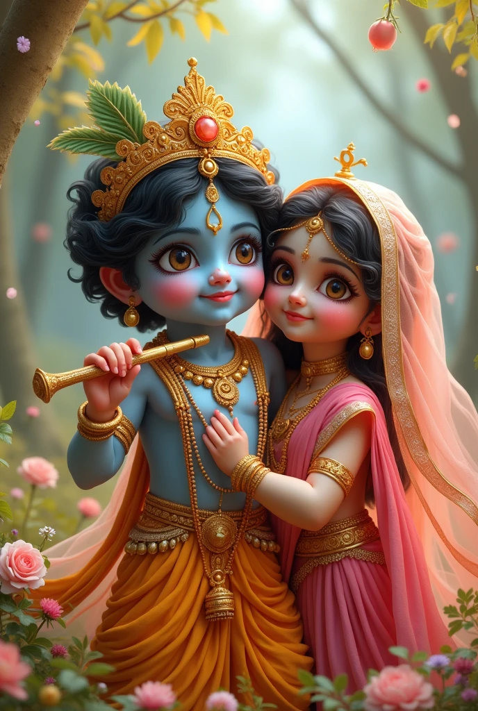 cute Shri Krishna Janmashtami image with a flute and with his mother and Radha 