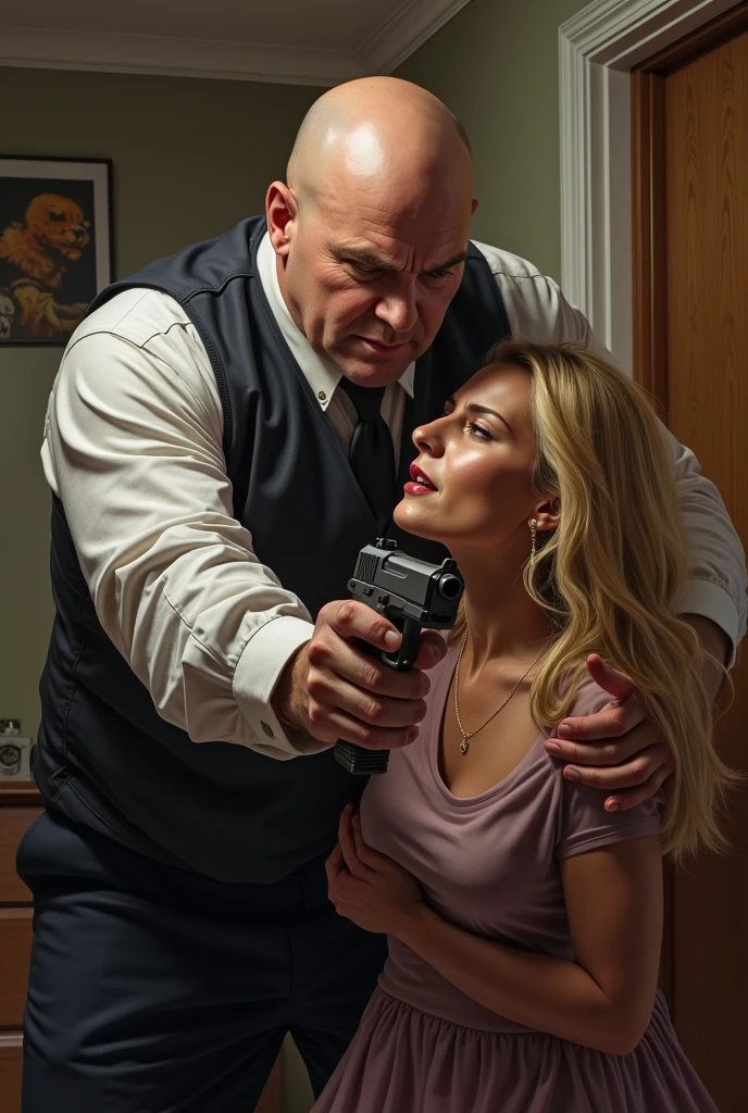 Bald white man telling a blonde woman what she&#39;s doing inside a house with a gun