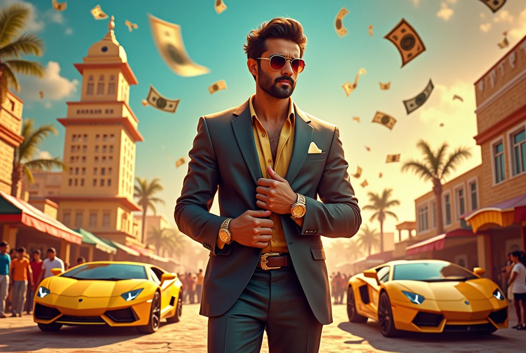 **Image Prompt:**
Create an image that captures the essence of a vibrant, trendy Punjabi pop song titled "Mainu Sab Pata." The central character should be a confident, stylish man, depicted with a larger-than-life aura, dressed in a sharp suit with a golden watch, standing next to a luxurious Lamborghini. He is surrounded by opulent symbols like dollar bills, a golden tower, and a small crowd of admirers, emphasizing his grandiosity and influence. The background features a lively, colorful Punjabi village scene, blending traditional elements with modern luxury. The overall mood of the image should be bold, extravagant, and full of swagger, reflecting a mix of humor and self-praise.
**Image size:** 1024x1024