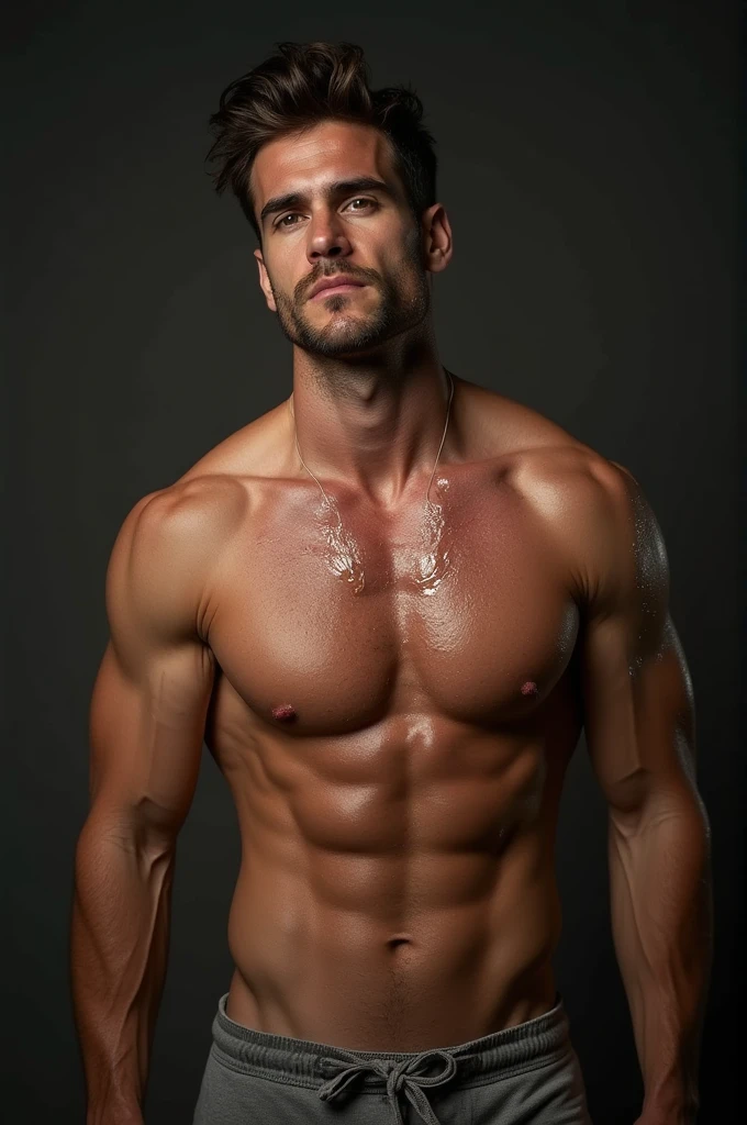 Create a handsome muscular man dripping sweat with no clothes on with his penis out