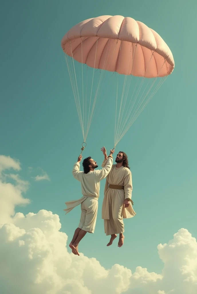 man falling calmly from heights and Jesus trying to give the man a parachute, but man ignores Jesus' help